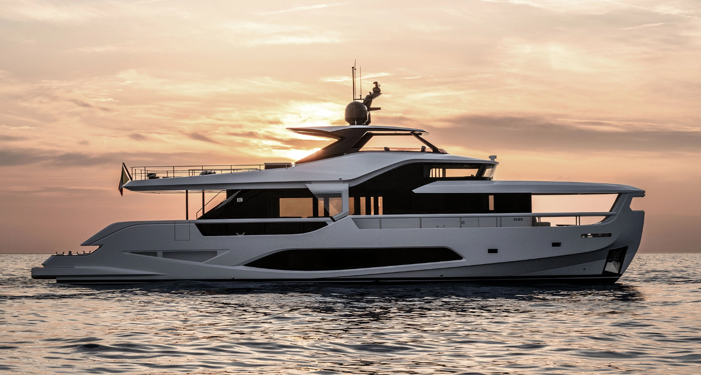 Ferretti yacht at sunset