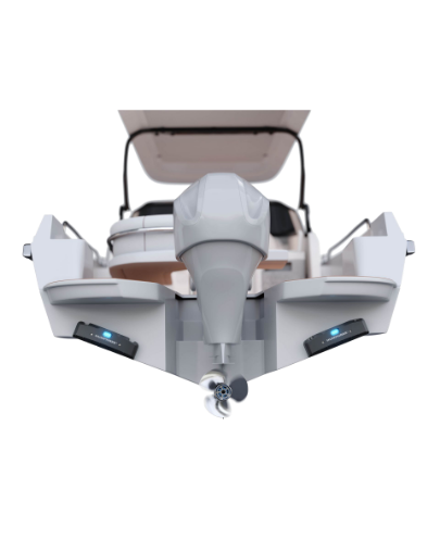 Stern view with trim tabs and outboard motor
